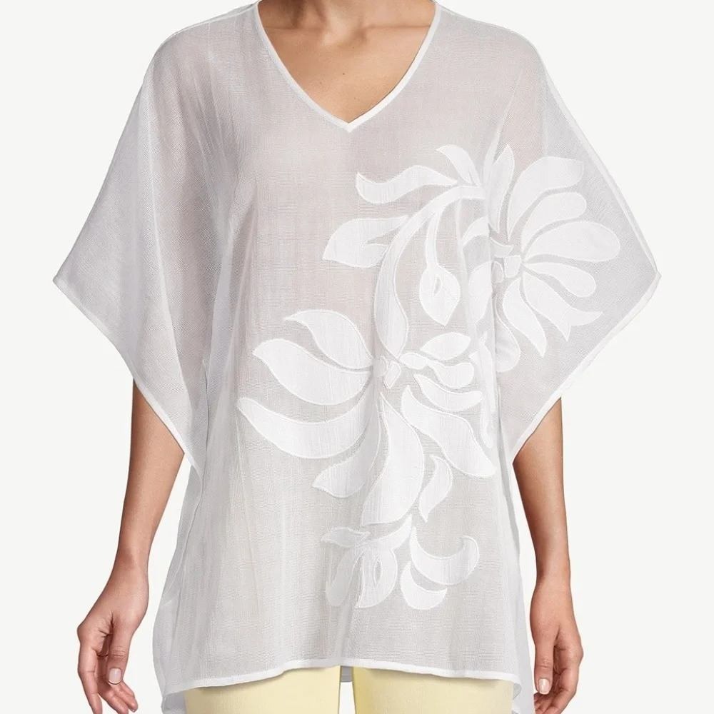 CHICO'S Women's L/XL NWT White Sheer Mesh Tropical Floral Poncho‎ Ruana Cover Up